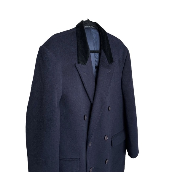 HARVIE & HUDSON London Vintage Navy Wool Overcoat Velvet Collar Quiet Luxury - Picture 3 of 16